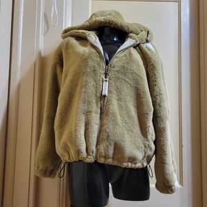 Bershka Faux Fur Hooded Tan and Cream Color Block Jacket